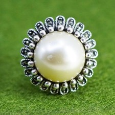 Size 6.5, Vintage sterling 925 silver handmade ring with faux pearl marcasite
