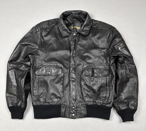 Vintage Stratojac Jacket Mens 42 Black Leather Bomber Made In Korea 80s - Image 1