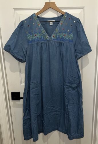 Go Softly Patio Denim Embroidered Jeweled Scroll Dress With Pockets Women’s XL