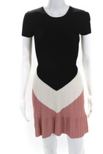 VALENTINO - Red - Pink Black White Short Sleeve Crew Neck Knit A-Line Dress XS
