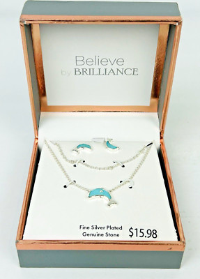 Believe by Brilliance Silver Plated Mother of Pearl Dolphin Pendant and Earrings