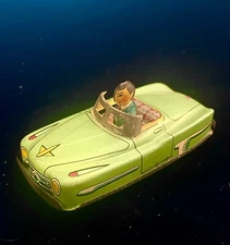 Vintage Tin Lithograph Green Friction Convertible with Driver. 1955 Japan. VIDEO
