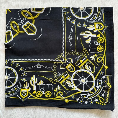 VTG Bandana Black Cotton Cowboy Village Cactus Western Handkerchief Kerchief 21''