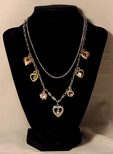 Heart & Clover Charm Necklace on a Double Chain, Stainless Steel, New - Picture 2 of 11