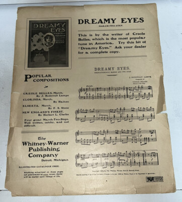 Vtg 1902 Dreamy Eyes March Two-Step Sheet Music Sample Advertising 14 x 11