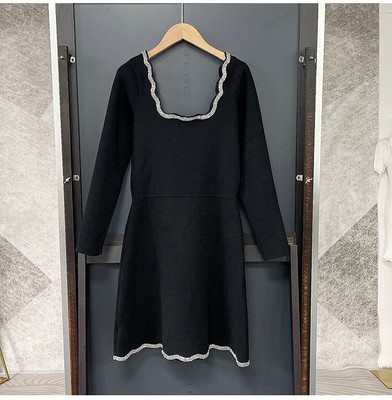 Sandro Simple Rhinestone Wavy Edge Embellished with Black Knit Dress