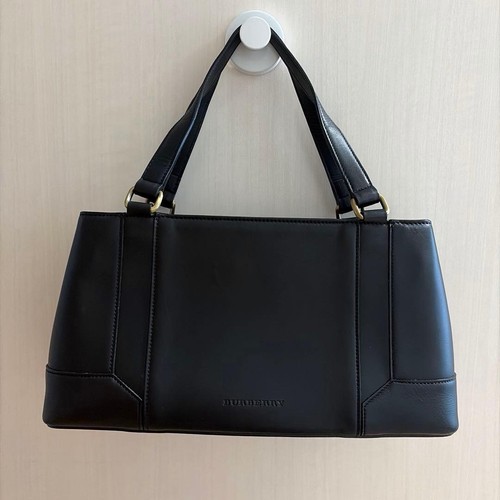 BURBERRY Leather Tote Bag Black Nova Check Authentic Women's Handbag