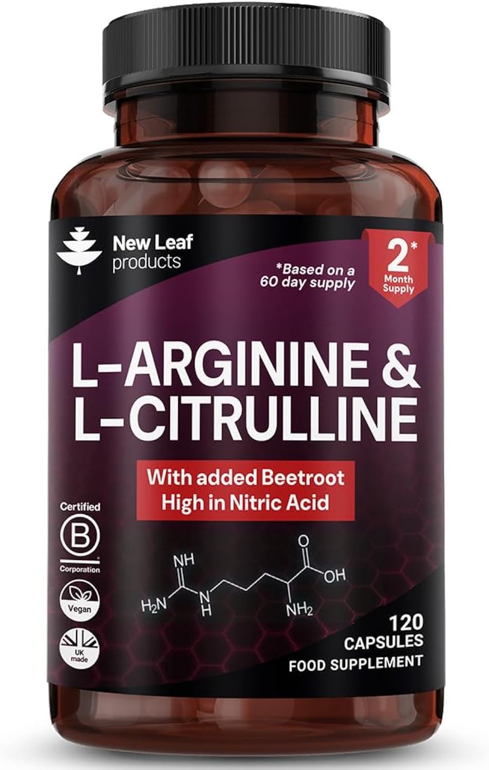 L-Arginine & L-Citrulline with Beetroot 600mg, 120 Vegan Capsules, Nitric - Image 2