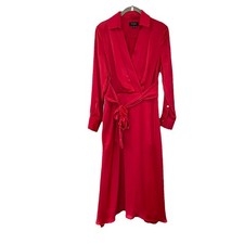 Tahari ASL Hammered Satin Faux Wrap Belt Tie Shirt Collared Midi Dress Red Sz 2