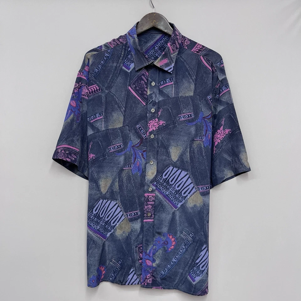 Valentino Vtg Mens Size 5 Blue/Pink Abstract Geometric Floral Silk S/S Shirt euc - Image 2 of 4