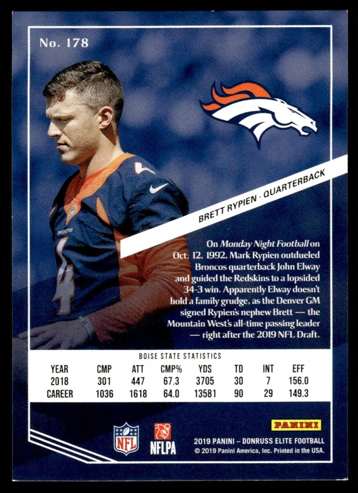 2019 Donruss Elite Red Brett Rypien Rookie 93/299 #178 - Image 2 of 2