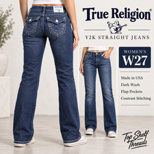 VTG Y2K True Religion Women W27 Section Straight Blue Flap Pocket USA Made Jeans