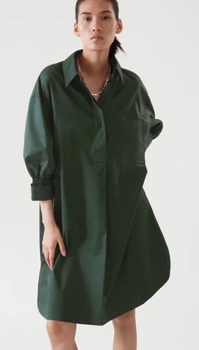 COS Damen 8 smaragdgrünes Hemdblusenkleid halbe Knopfleiste Taschen geraffte Ärmel