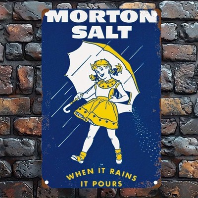 Vintage Umbrella Girl and Morton Salt Story Tin Metal Signs Home Décor 8x12 