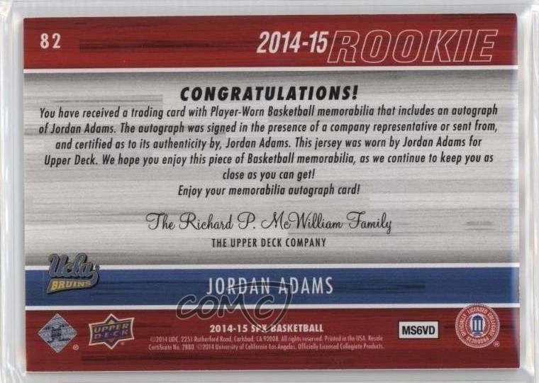 2014-15 SPx Rookie Auto Jersey /499 Jordan Adams #82 Rookie Auto RC - Image 2 of 2