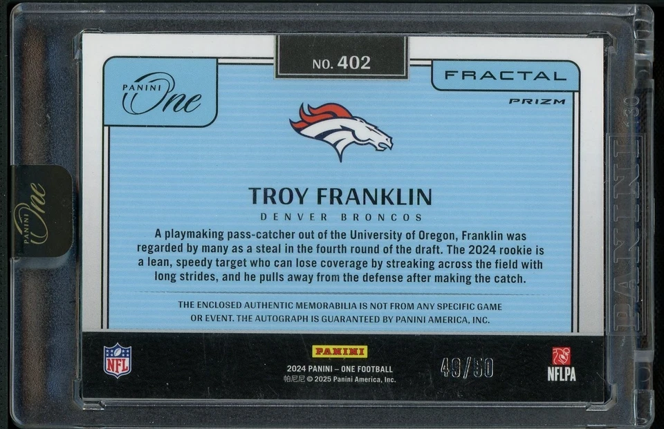 2024 Panini One Troy Franklin Fractal Prizm! Rookie! Patch! Auto! /50! #402! - Image 2 of 2