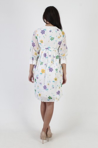 Vintage 60s White Floral Mod Dress Deep V Ruffle Lace House Lounge Party Mini - Picture 5 of 6