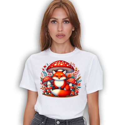 Aesthetic Fox On Mushroom T-shirt - Vintage Flowers Nature Unisex Tee