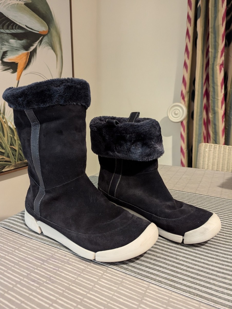 Clarks Tri Attract Navy Warm Suede Furry Lined Women's Boots Size UK 41