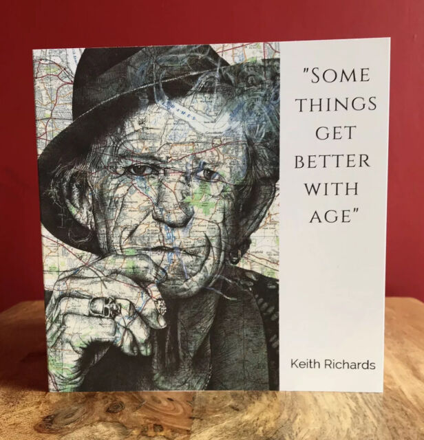Keith Richards Birthday Greeting Card. Pen Drawing Over Map With Quote.Blank