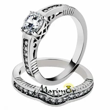 1.75 Ct Round Cut Cubic Zirconia Stainless Steel Wedding Ring Set Womens Sz 5-10