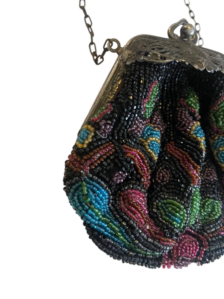 Bolso sin asas vintage con micro cuentas broche de plata bolso oscuro correa de cadena antiguo Foto 3 de 4