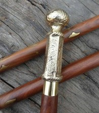 Brass Antique Golden Finish Knob Head Handle Brown Inlay Wooden Walking Stick