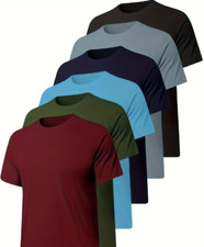 6pcs Solid Casual Sports Men's Short Sleeve Crew Neck T-shirts Set, Summer Outdo
