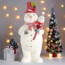 Primitive Christmas Holly Jolly 9.5" Sugar Glittered Snowman w/ Red Top Hat