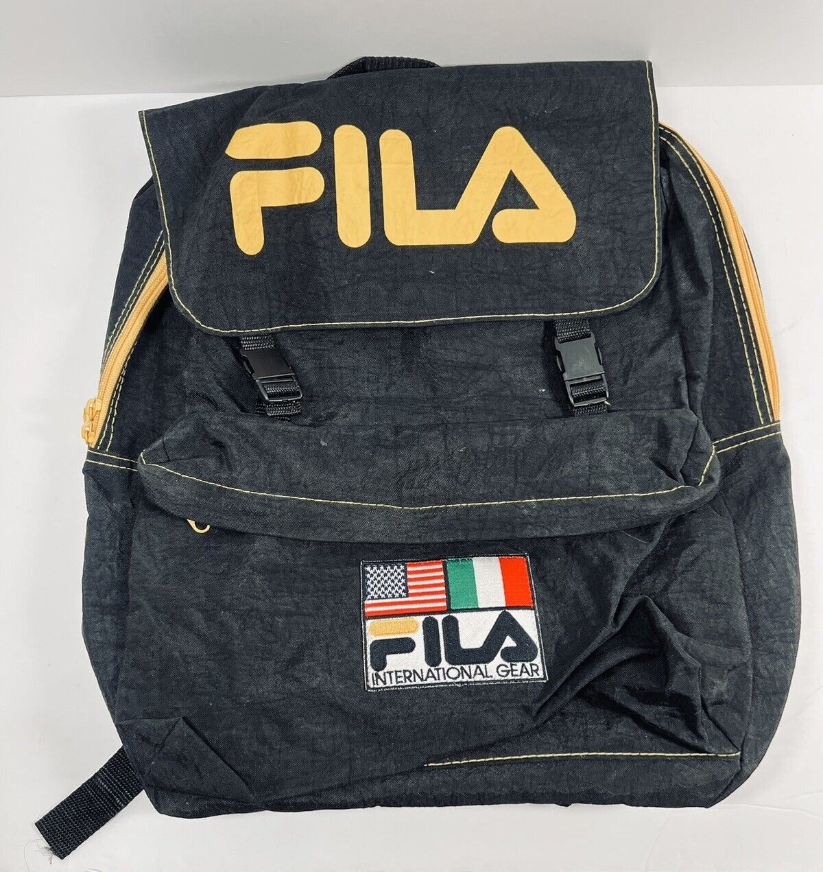 VTG Fila Black Backpack Knapsack with Yellow Lett… - image 1