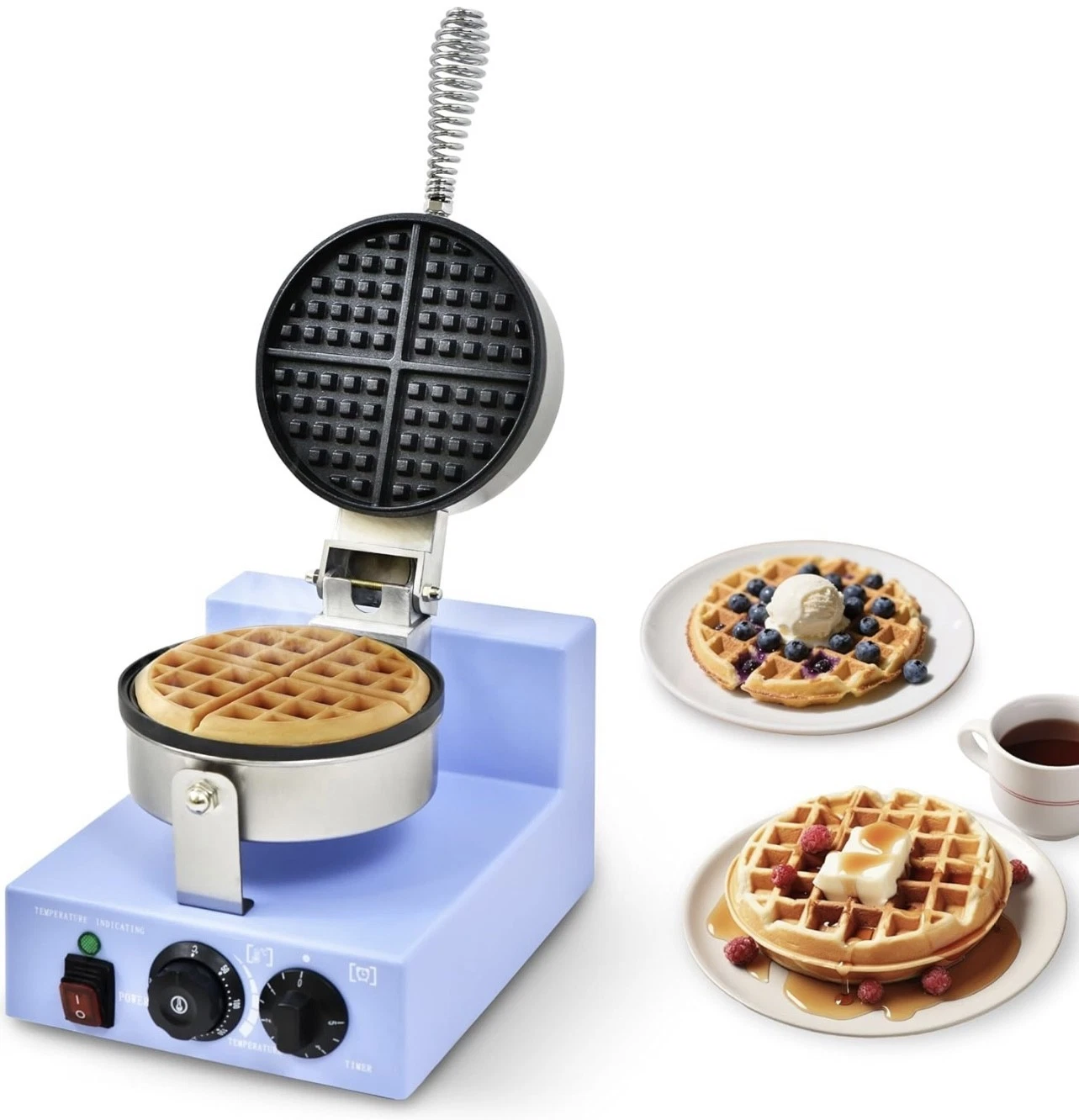 Waffle Maker 1200W Round Waffle Iron Machine With Timer & Temp Control