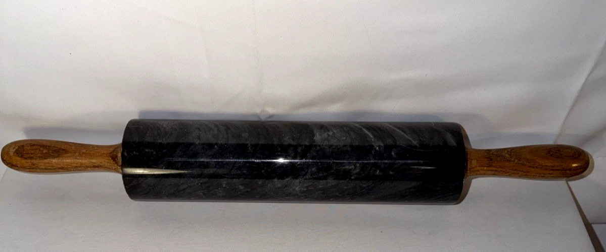 Vintage 10" Black Marble Stone Rolling Pin w/ Wood Handles Dough Roller