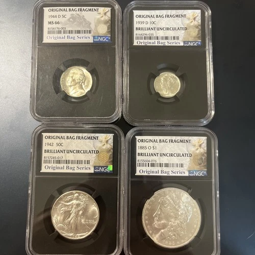 NGC Bag frag Lot Silver 5c 10c 50c $1 Morgan 1885 4 Slabs!!