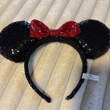 Disney Minnie Mouse Ears Headband Black Sequin Red Bow Kids Girls