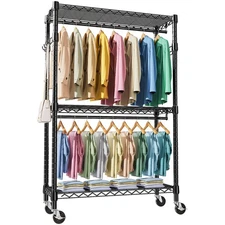 Heavy Duty Rolling Garment Rack 3 Tiers Adjustable Wire Shelving Clothes with