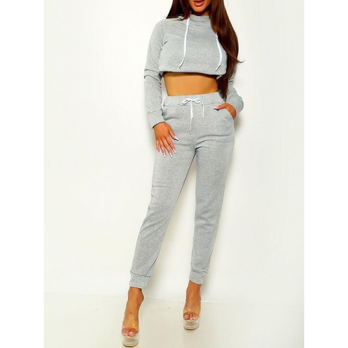 Casual Top and Pants Set Crop Top Hoodie & Joggers 2 Piece Set Full Sleeve Gra