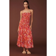 New Anthropologie Farm Rio Shirred Drop-Waist Midi Dress $298 MEDIUM Orange