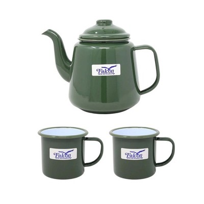 3tlg Stahl Teekanne Set Grün Emaille Weiß 1,5ml Teekanne 350ml Kaffeebecher Trinkgeschirr
