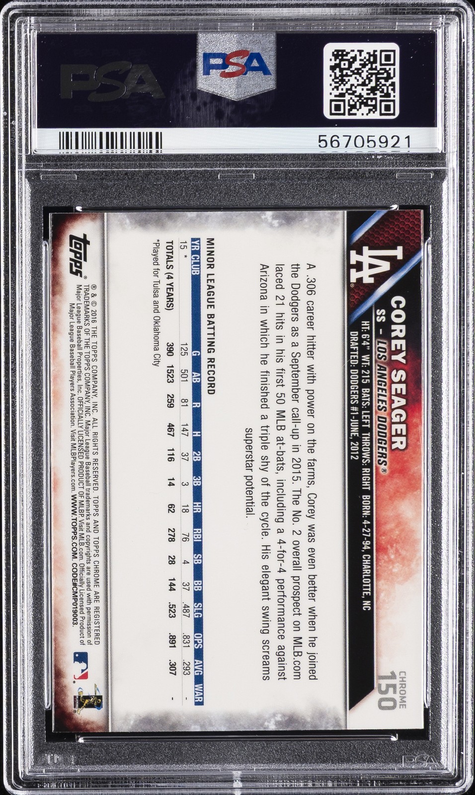 2016 TOPPS CHROME #150 COREY SEAGER ROOKIE RC PSA 8 view 2