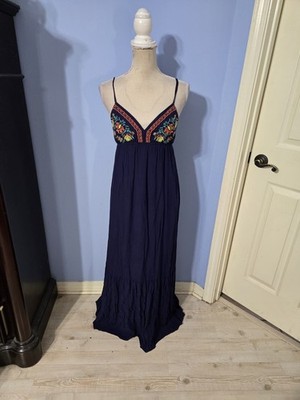 Flying Tomato Small Dress Womens Navy Embroidered Boho Maxi Spaghetti Strap