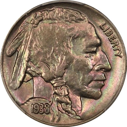 1938-D PCGS AU58 Choice AU+ Buffalo Nickel - Spectacular Colorful Toned!
