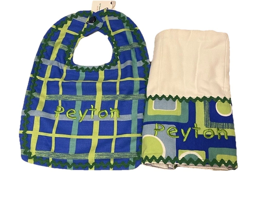 NWT Baby Boy Hand Made Hand Sewn Bib And Burp Cloth Set “Peyton” Green Blue
Opens in a new window or