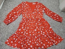 ELIZA J Floral Ruffle Long Sleeve V Neck  Dress Orange Red Pockets Women Size 12