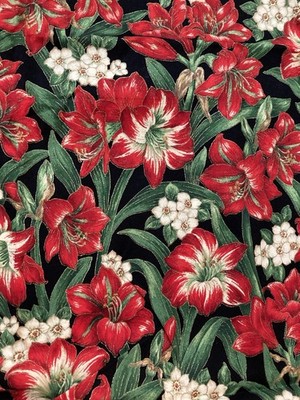 Red Christmas Amaryllis Flowers on Hunter Green VTG Cranston Fabric 1.1Y x 44''W