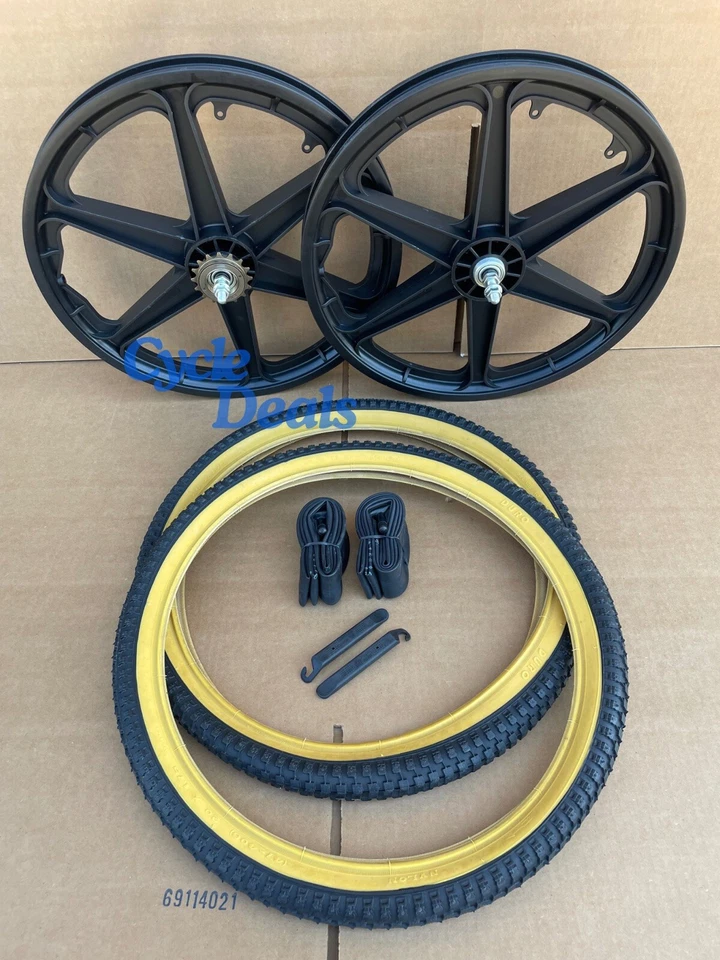 20" Bicycle Plastic Black Mag Wheels, Gum Wall Tires Set GT Dyno Old School Rims