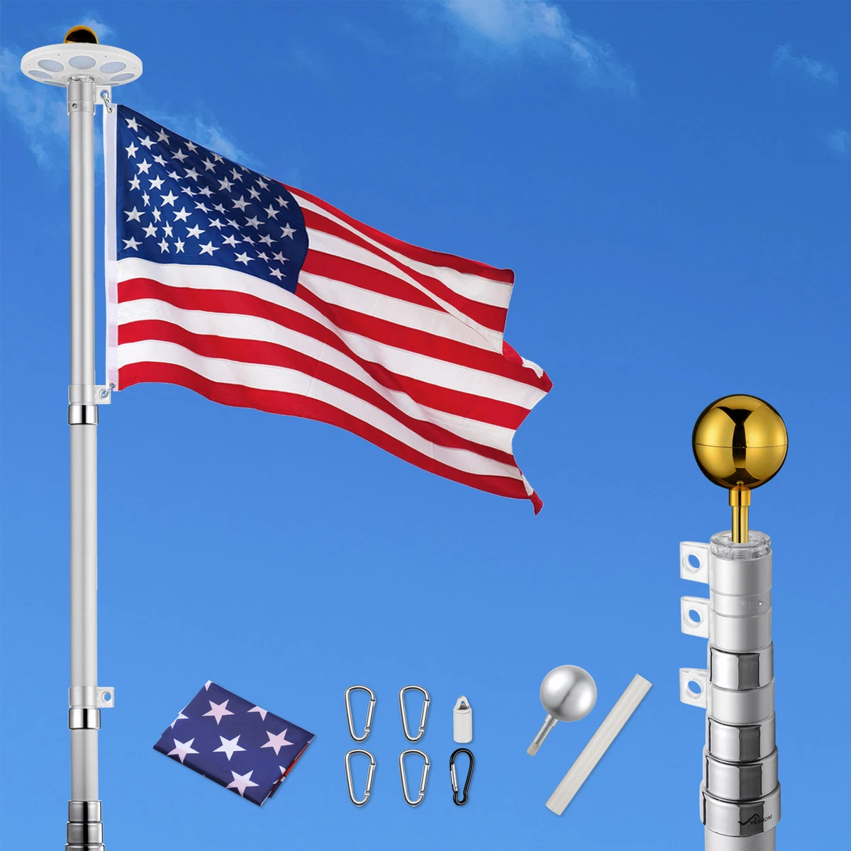 Apluschoice 30Ft Telescopic Sliver Flagpole Kit w 136 LED Solar Light Outdoor