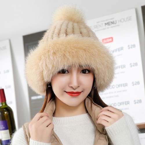 Women's Real Mink Fur Hat Bowler Hat Knitted Warm Cap Top Hat W Fox Fur Trim - Picture 7 of 17