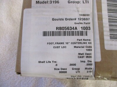 NIB ITT Goulds Pumps Foot Frame Centerline Kit RB05634A 1003  FACTORY SEALED BOX