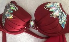 Ex maßgefertigter roter Bikini mit Schmucksteinen 34B Schal an einem Träger Bikiniunterteil 8-10. 