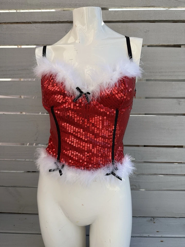Dreamgirl Corsé Rojo Borde de Piel Navidad Vacaciones Top Lentejuelas Encaje Talla 32 OFERTA Foto 4 de 4